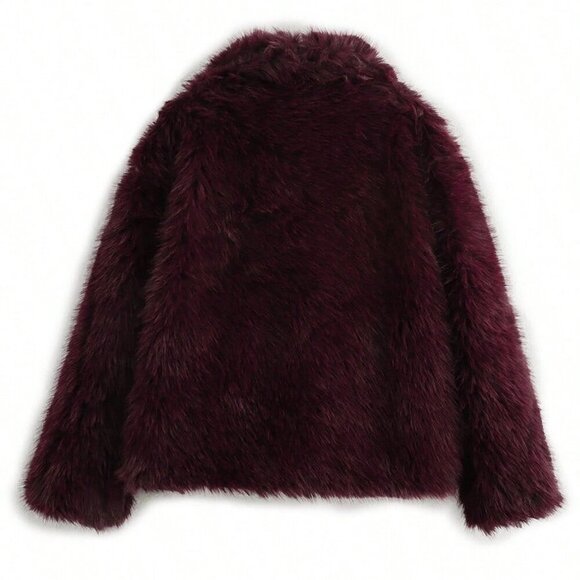Burgundy Women's Chic Wide Lapel Snap Closure Faux fur jacket coat Outerwear - Picture 3 of 3